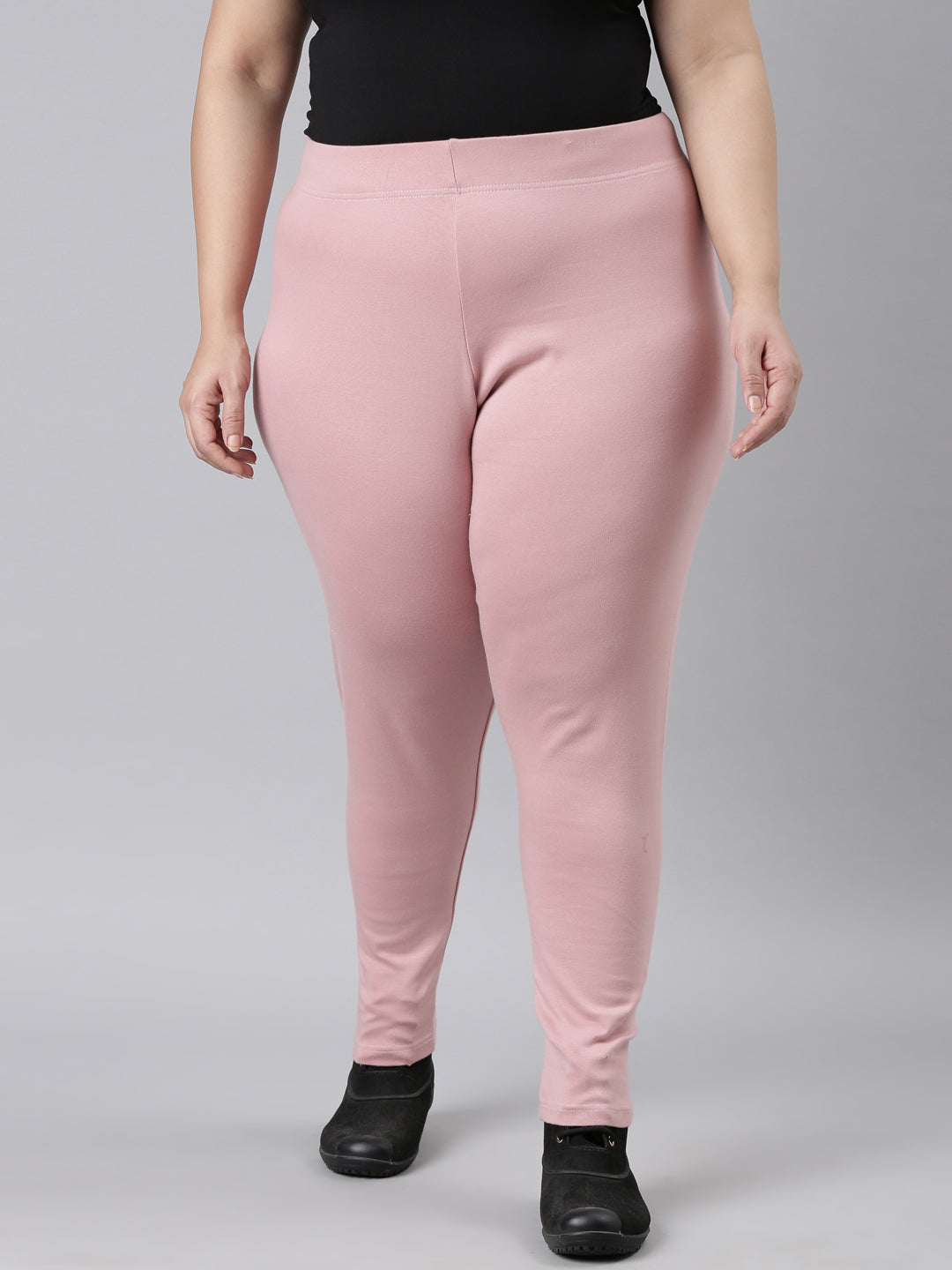 Women Solid Baby Pink Ribbed Warm Leggings