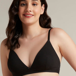 Trendy Plunge Padded Non-Wired Cotton Bra - Black
