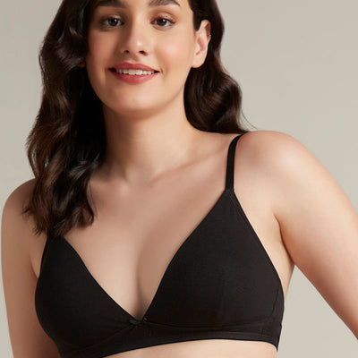 Trendy Plunge Padded Non-Wired Cotton Bra - Black
