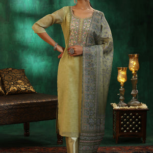Green Yoke Design Silk Blend Straight Suit With Dupatta