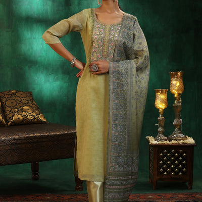 Green Yoke Design Silk Blend Straight Suit With Dupatta