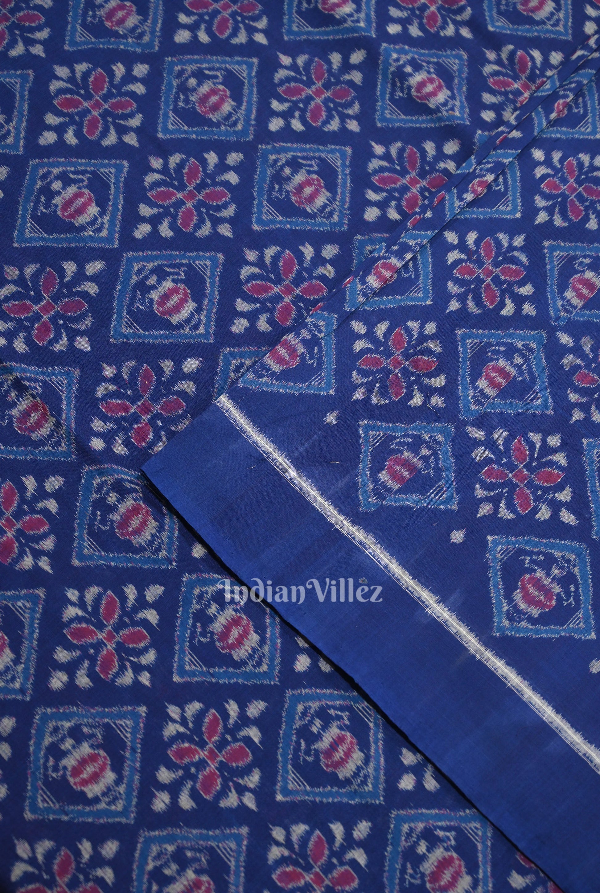 Royal Blue Floral Motif Sambalpuri Ikat Cotton Fabric