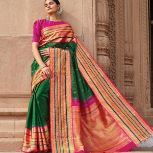 Green Handloom Kanchipuram Korvai Silk Saree With Checks & Buttas-Green