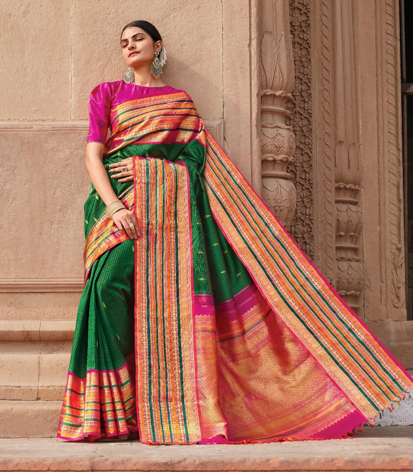 Green Handloom Kanchipuram Korvai Silk Saree With Checks & Buttas-Green