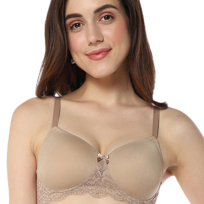 Lace Elegance Padded Non-Wired Bra - Stucco