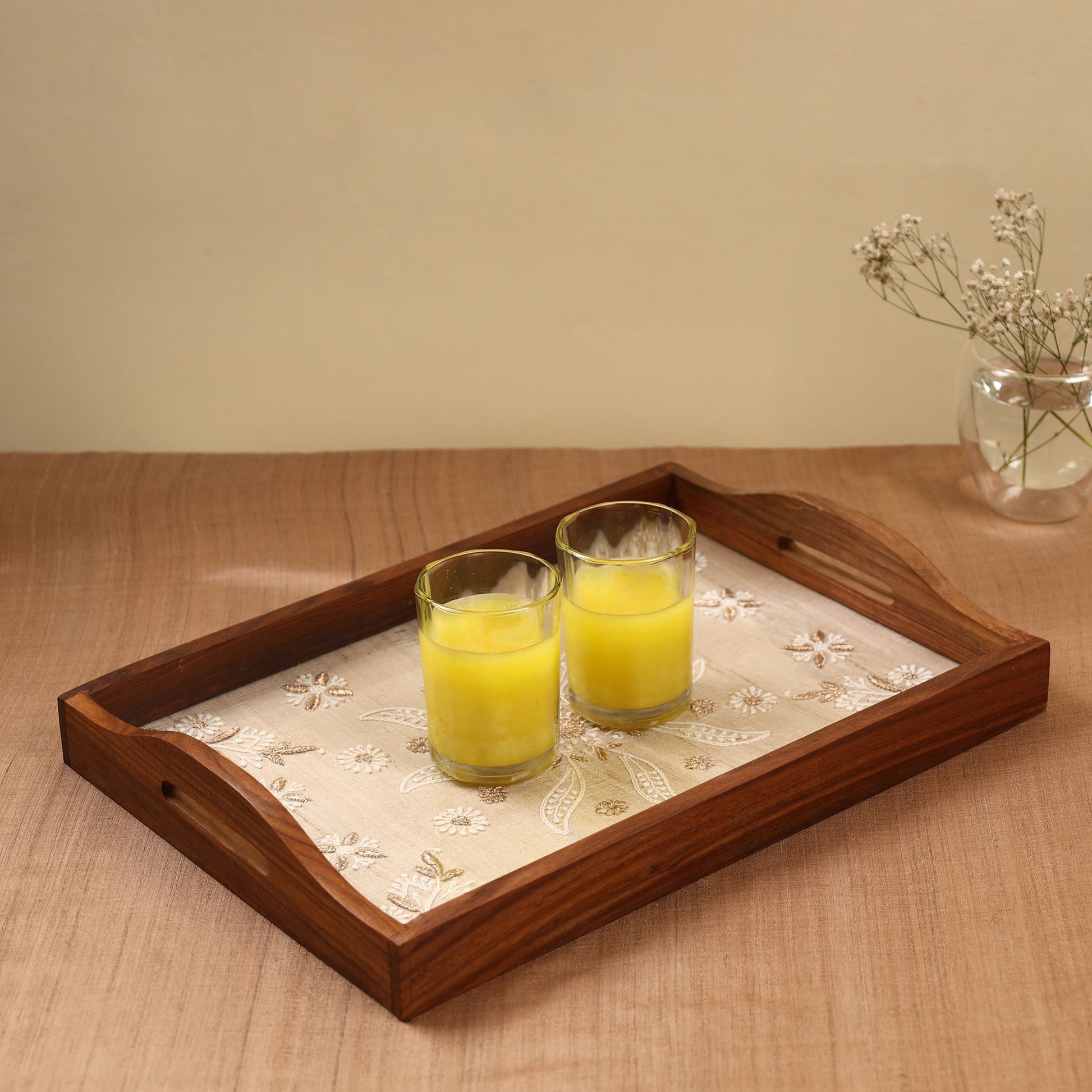 Beige - Chikankari Zari Hand Embroidered Sheesham Wood Tray