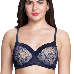 Satin Touch Padded Non-Wired Lace Bra - Evening Blue