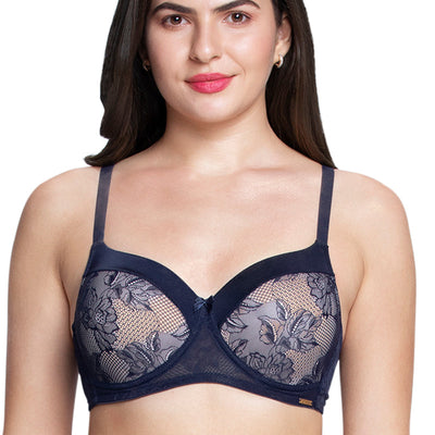 Satin Touch Padded Non-Wired Lace Bra - Evening Blue