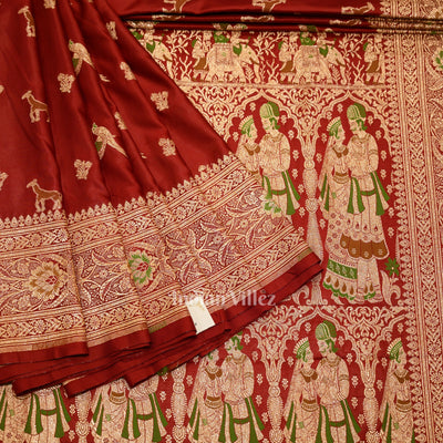 Deep Red Marriage Theme Pure Mashru Satin Silk Banarasi Saree