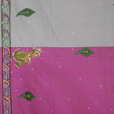 Pink Grey Boita Rasaleela Theme Hand-Painted Pattachitra Saree