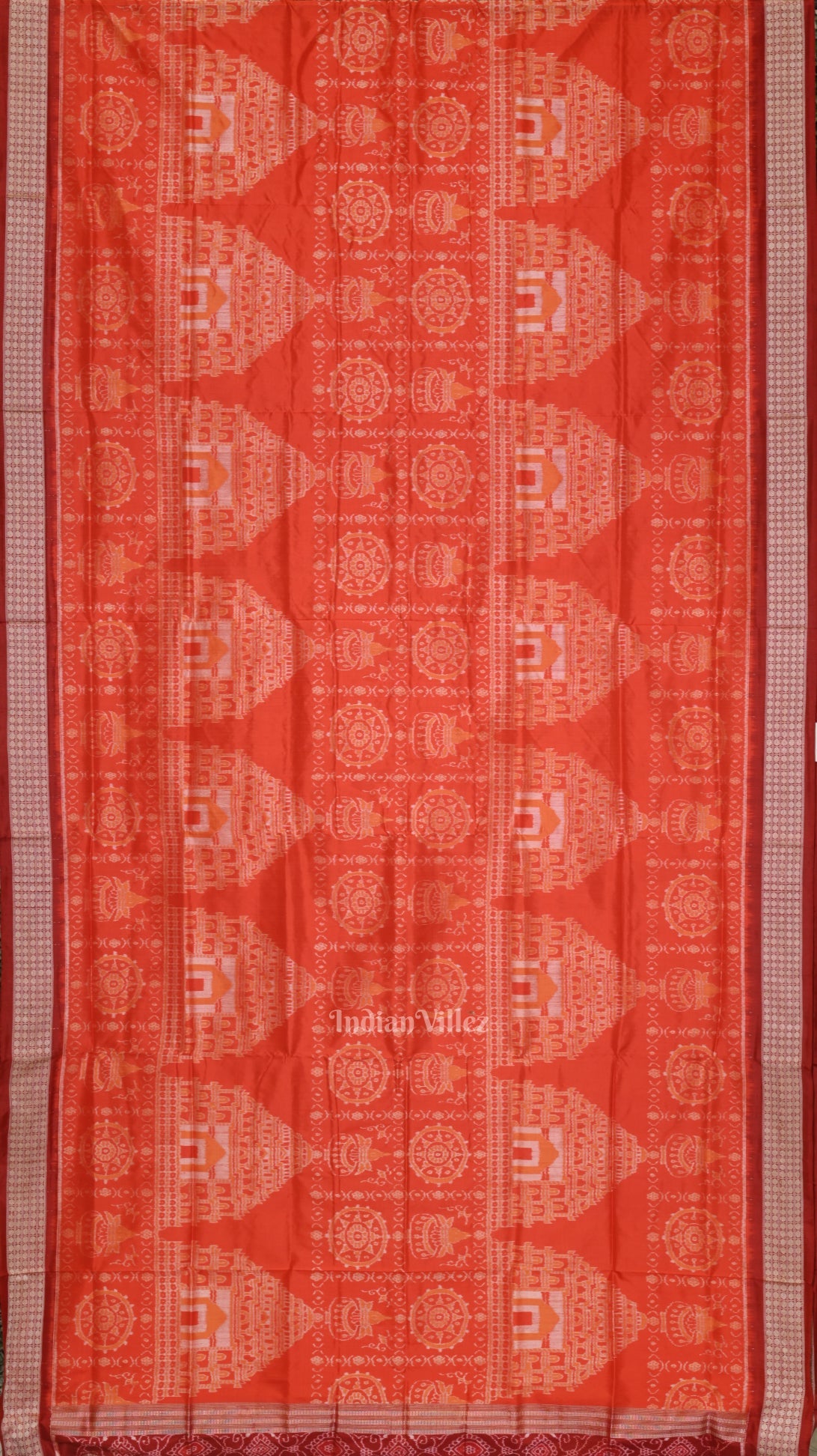 Orange Red Konark Theme Odisha Ikat Sambalpuri Silk Saree