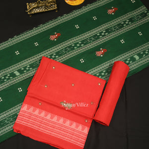 Green with Red Doll Odisha Ikat  Sambalpuri Dress Material & Dupatta