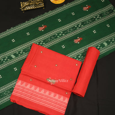 Green with Red Doll Odisha Ikat  Sambalpuri Dress Material & Dupatta