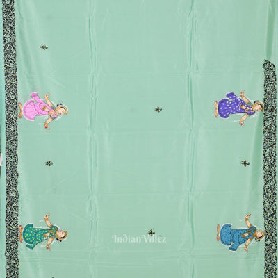 Light Blue Radha Krishna Theme Hand-Painted Pattachitra Saree
