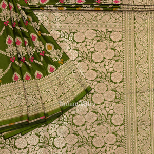 Mehendi Green Meenakari Pure Mashru Satin Silk Banarasi Saree