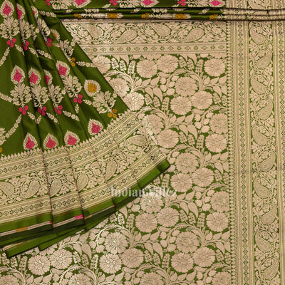 Mehendi Green Meenakari Pure Mashru Satin Silk Banarasi Saree