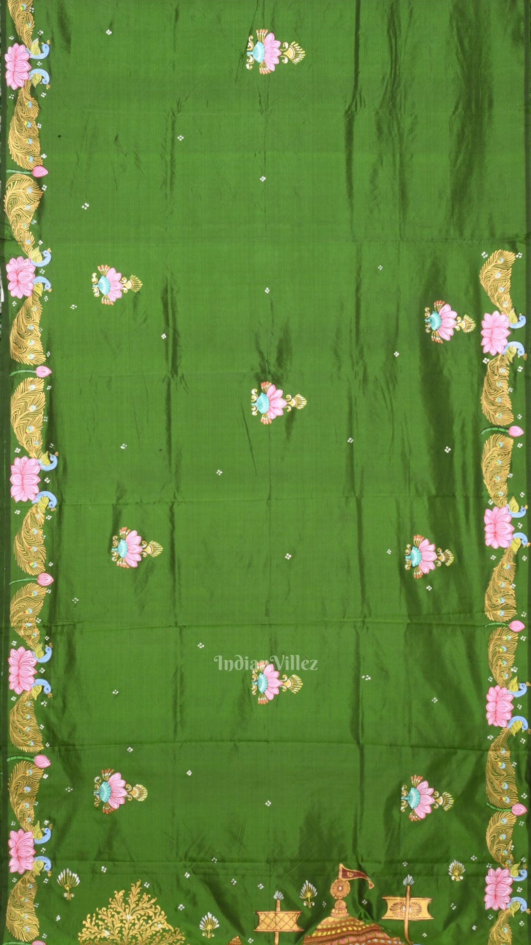 Green Boita Raasleela Hand-Painted Pattachitra Silk Saree