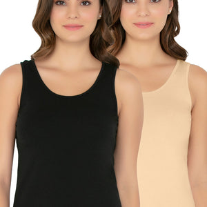 Broad Strapped Body Hugging Cotton Tank Top (Pack of 2) - Black-Nude