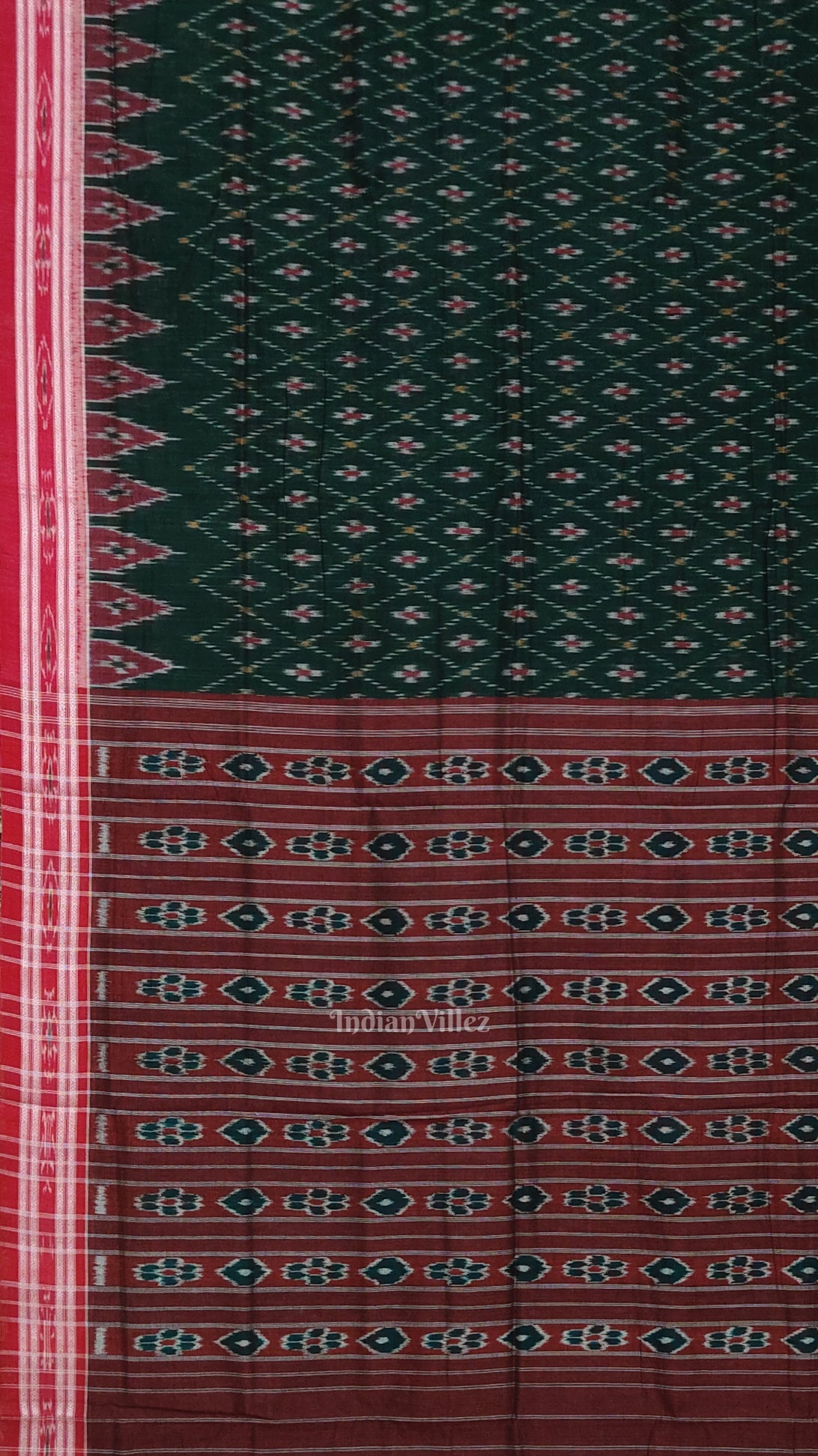Green Red Mayur Chandrika Maniabandha Cotton Saree