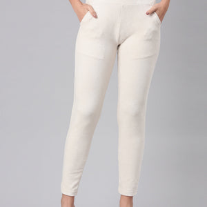Women Solid Cream Mid Rise Corduroy Treggings