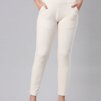 Women Solid Cream Mid Rise Corduroy Treggings