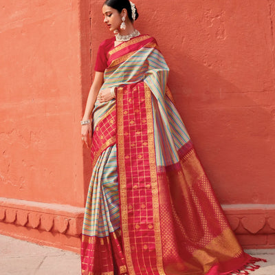 Multi Colour Handloom Kanchipuram Korvai Silk Saree With Stripes-Multi colour