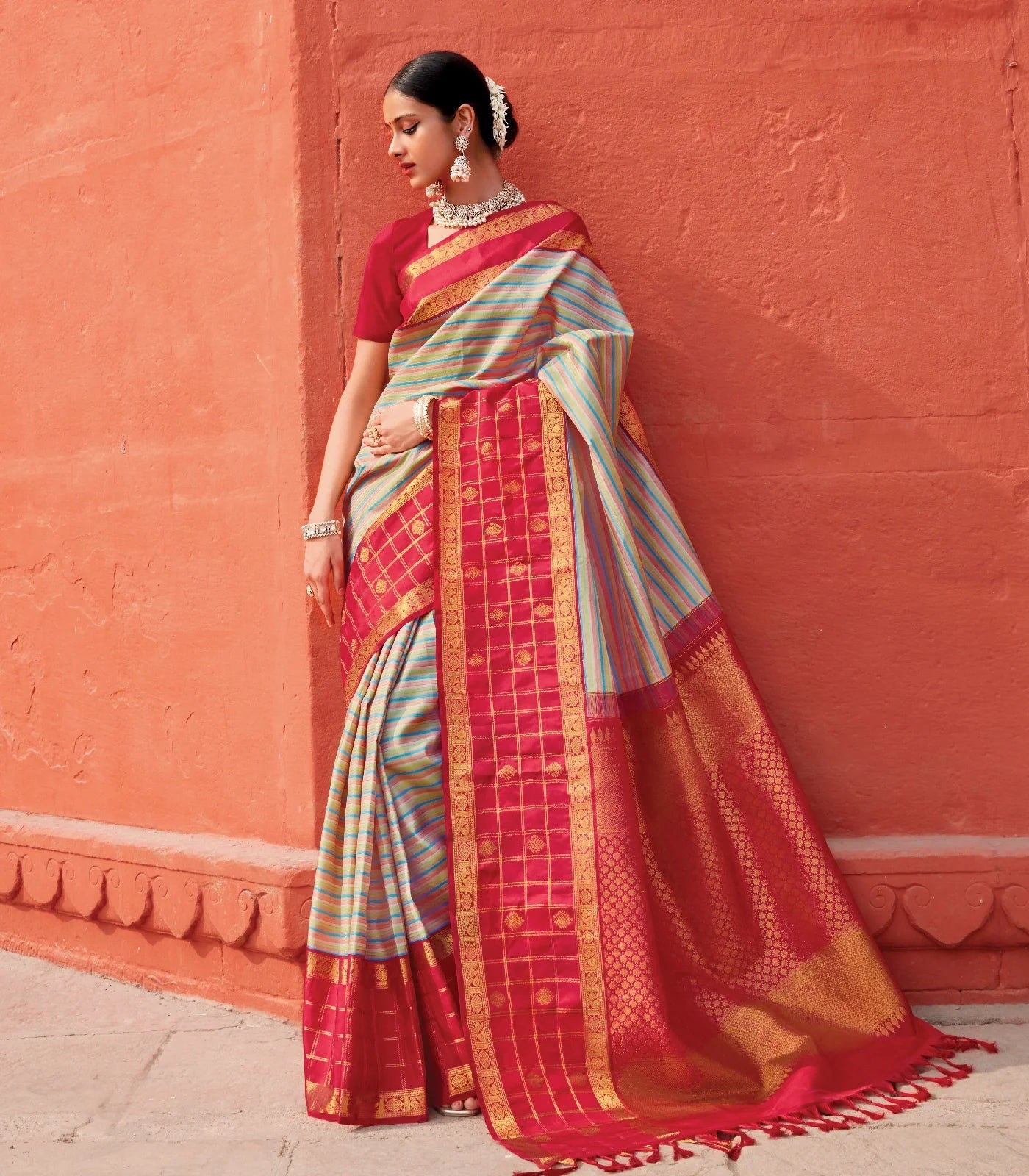 Multi Colour Handloom Kanchipuram Korvai Silk Saree With Stripes-Multi colour