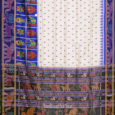 Off White with Royal Blue Animal Theme Khandua Silk Saree