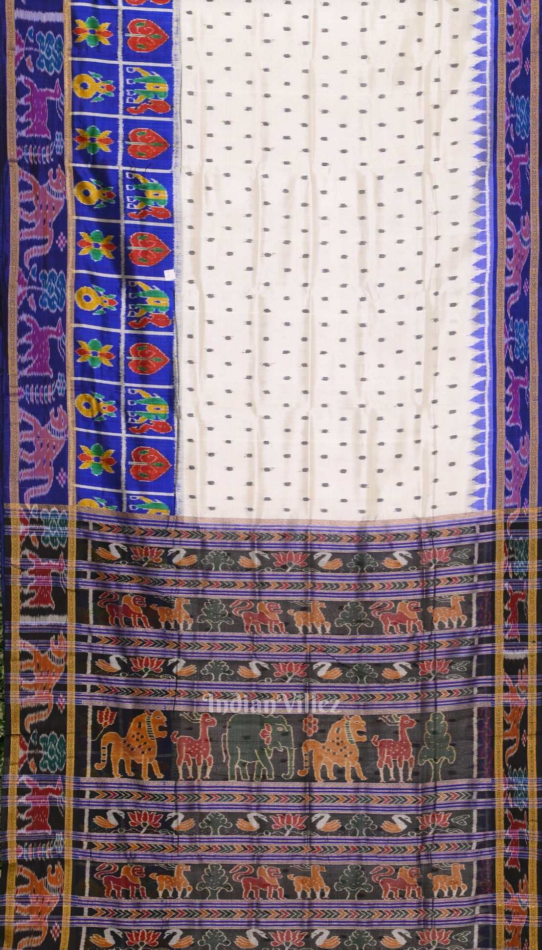 Off White with Royal Blue Animal Theme Khandua Silk Saree