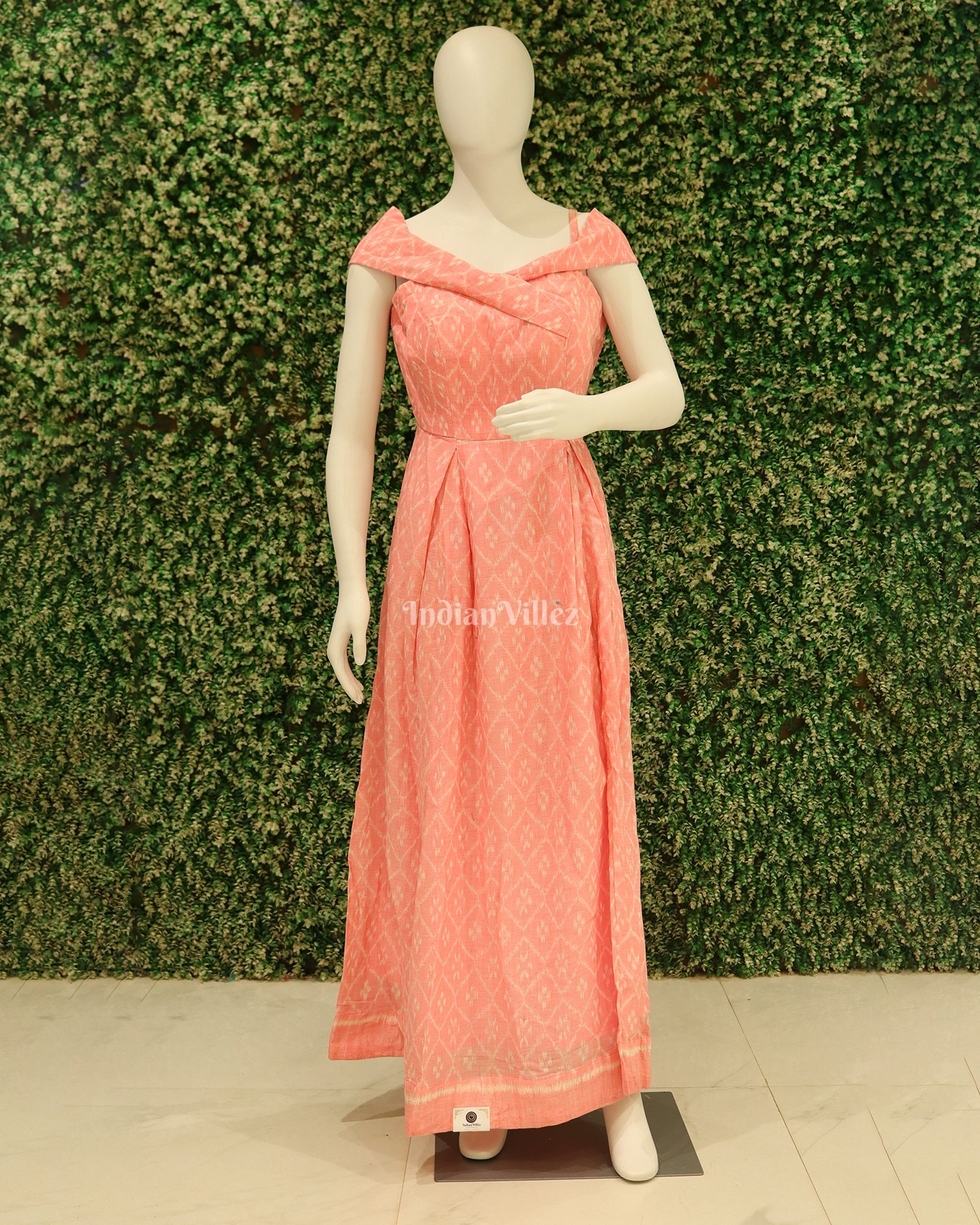 Light Pink Odisha Ikat Off-Shoulder Gown For Women