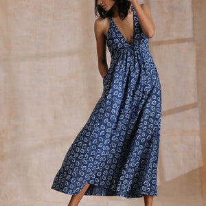 Indigo Dabu Floral Print Cotton Sleeveless Dress | Relove