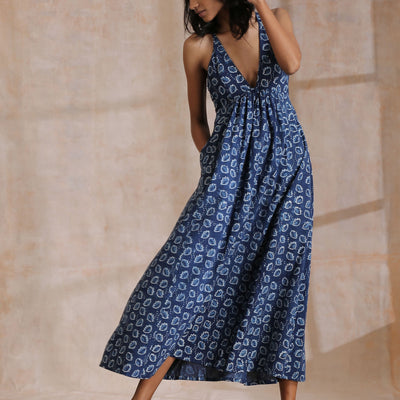 Indigo Dabu Floral Print Cotton Sleeveless Dress | Relove