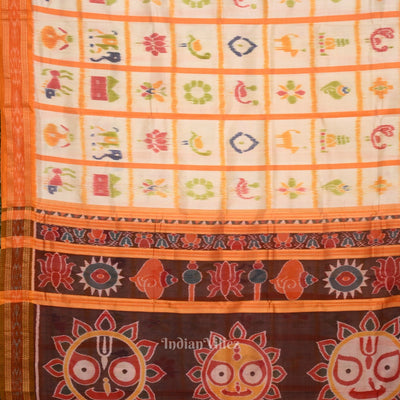 White Nabakothi Jagannath Theme Odisha Ikat Khandua Silk Saree