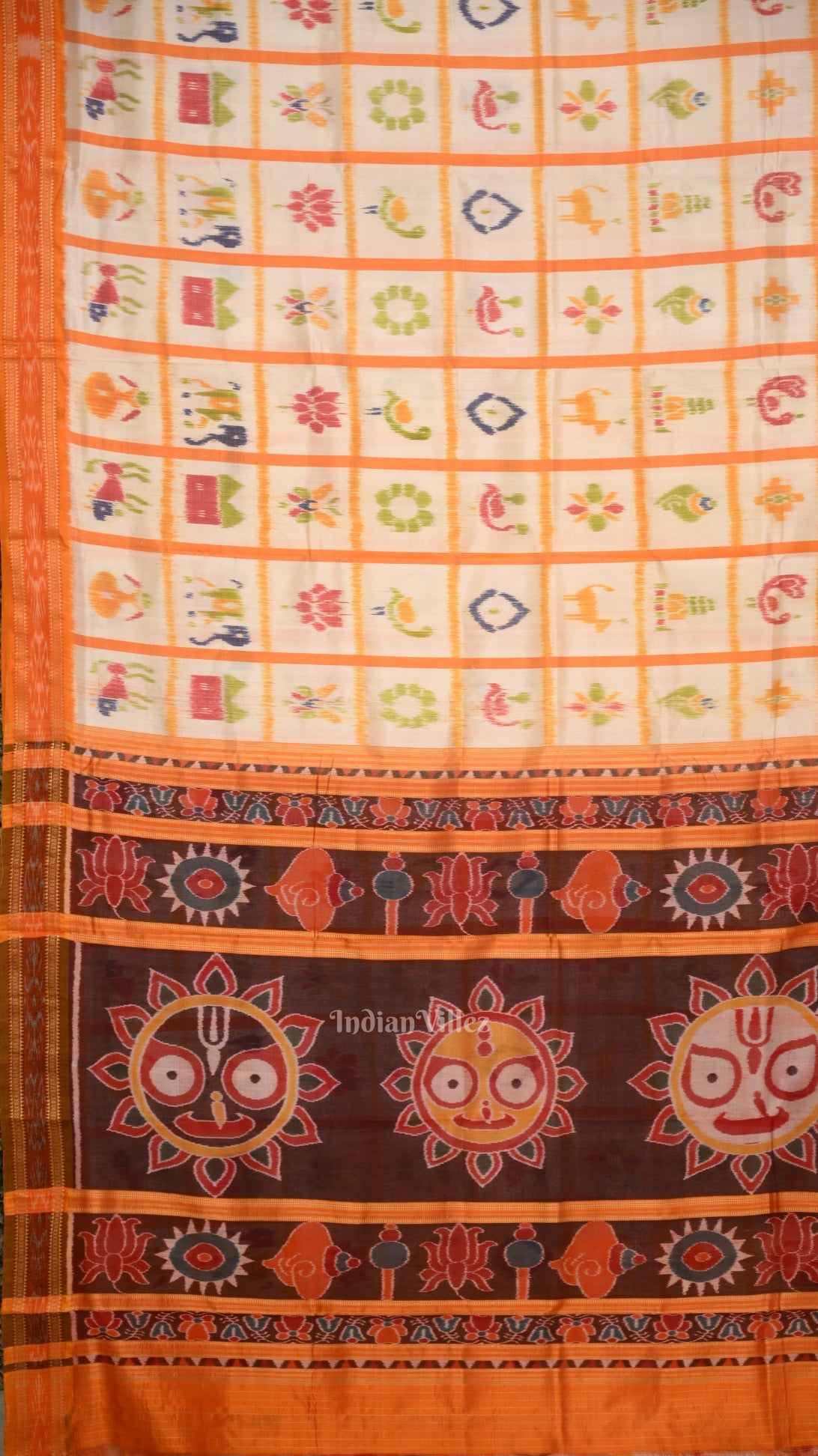 White Nabakothi Jagannath Theme Odisha Ikat Khandua Silk Saree
