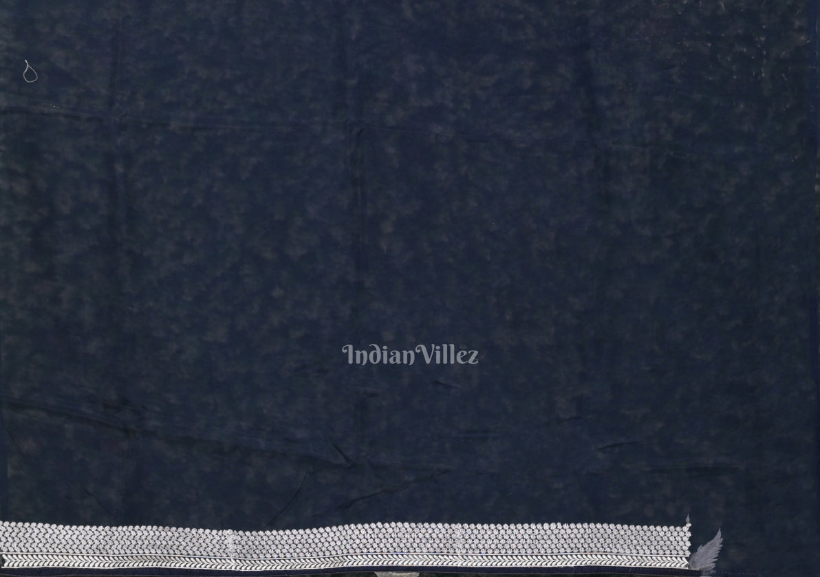 Navy Blue Parsi Gara Floral Motif Hand Embroidered Saree