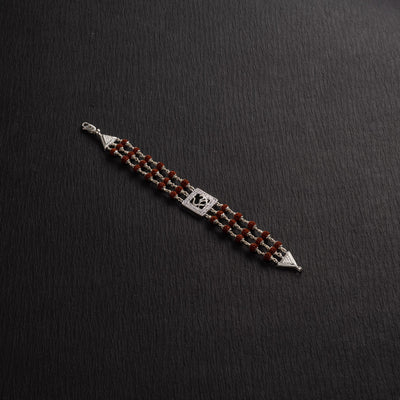 Rudraksha Silver Om in Square Triple Line Bracelet