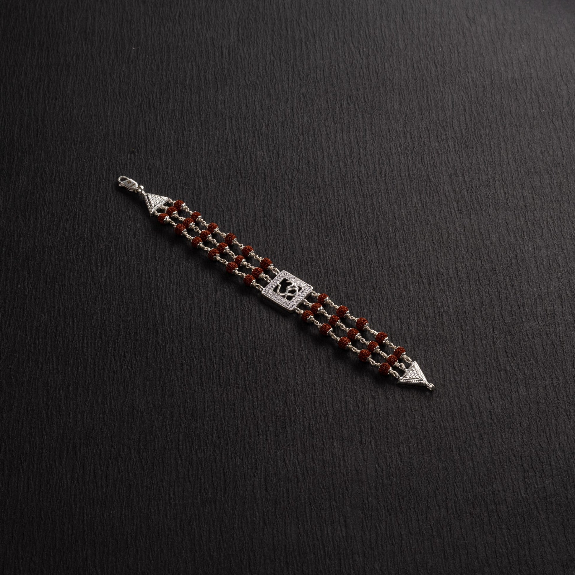 Rudraksha Silver Om in Square Triple Line Bracelet
