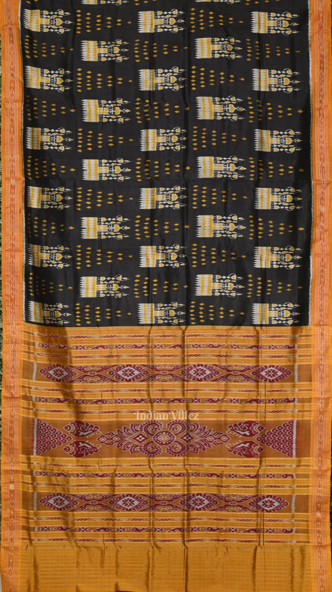 Black Mustard Yellow Tribal Theme Odisha Ikat Khandua Silk Saree