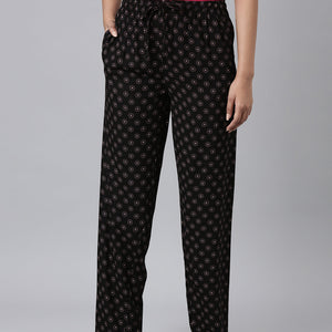 Women Printed Black Woven Viscose Lounge Pants
