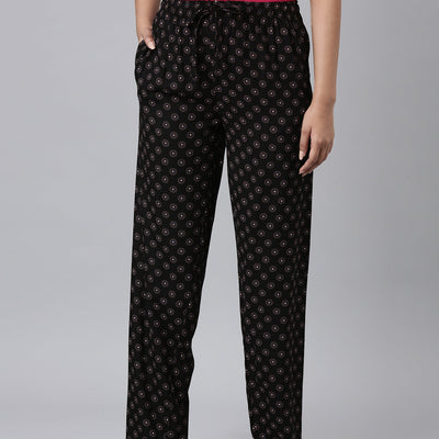 Women Printed Black Woven Viscose Lounge Pants