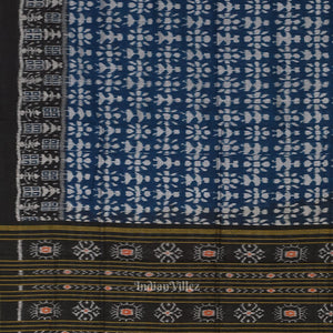 Ink Blue Black Tribal Theme Sambalpuri Pure Cotton Saree