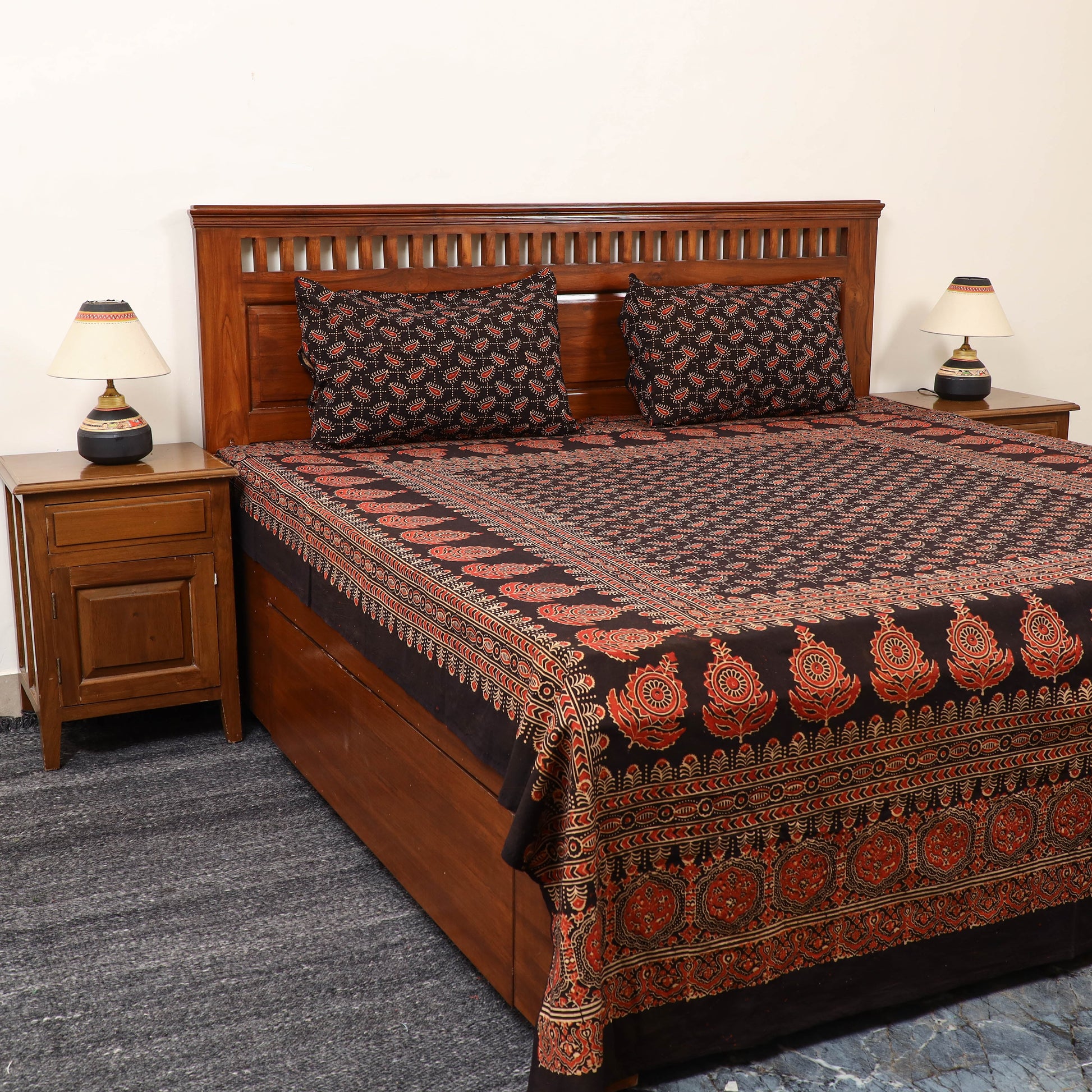 Black - Block Print Cotton Double Ajrakh Bed Sheet Set 01