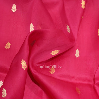 Rani Pink Banarasi Silk Saree With Floral Handwork