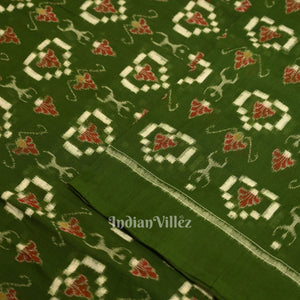 Green Tribal Hearts Pasapali Sambalpuri Ikat Cotton Fabric