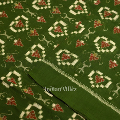 Green Tribal Hearts Pasapali Sambalpuri Ikat Cotton Fabric