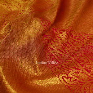 Parrot Green Brocade with Rani Pink Border Kanjivaram Silk Saree