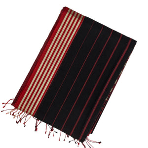 Maroon Handloom Bengal Cotton Saree With Red & Black Gradient stripes