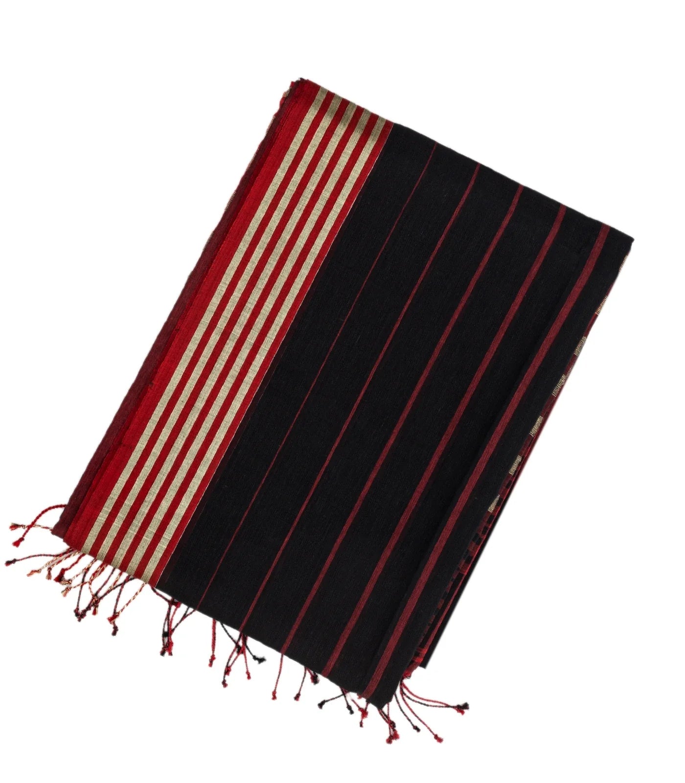 Maroon Handloom Bengal Cotton Saree With Red & Black Gradient stripes