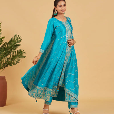 Turquoise Blue Anarkali Set With Matching Dupatta