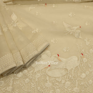 White Parsi Gara Floral Motif Hand Embroidered Saree